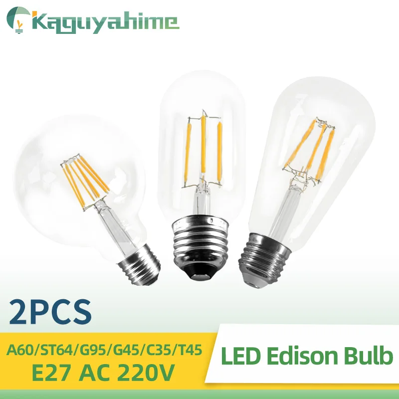 K-RU 2pcs Edison Bulb LED E27 E14 Ampoule Retro Filament Light 220V Candle Lights Vintage ST64 A60 G95 C35 |