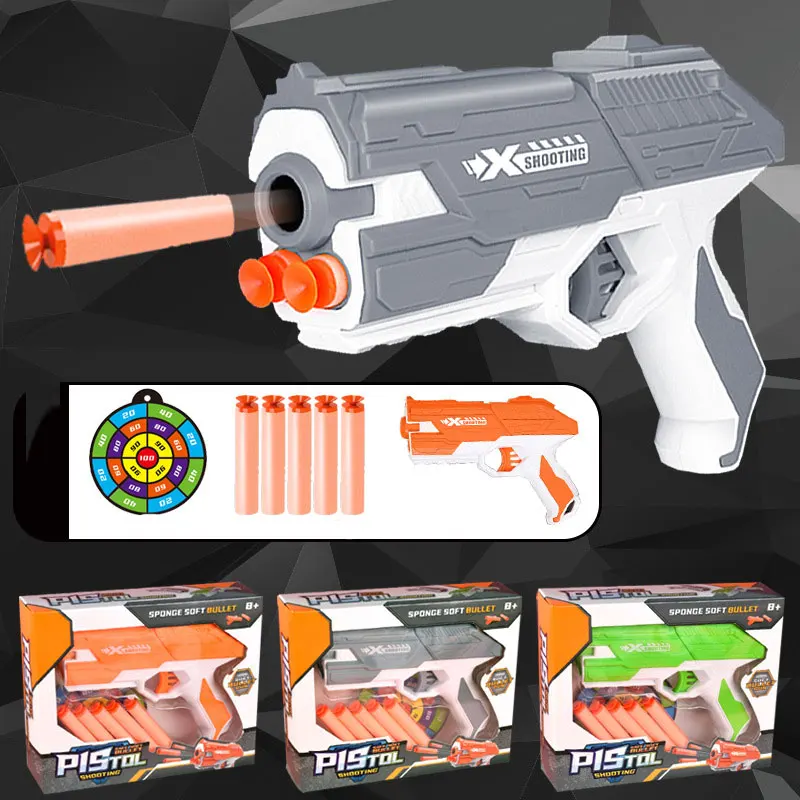 Pistolet jouet à balles souples pour enfants, pistolet manuel, fléchettes, Blaster, modèle de tir en plastique coloré, lanceur avec boîte, cadeau d'anniversaire pour garçons