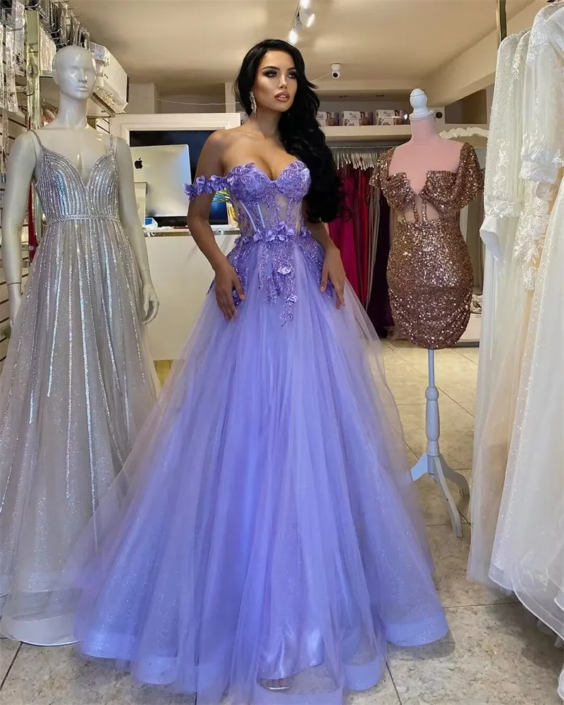 

Lilac Prom Dresses Elegant Off Shoulder Lace Applique Floral Glitters Tulle Sparkly Long Sweep Train Prom Gowns Formal Party