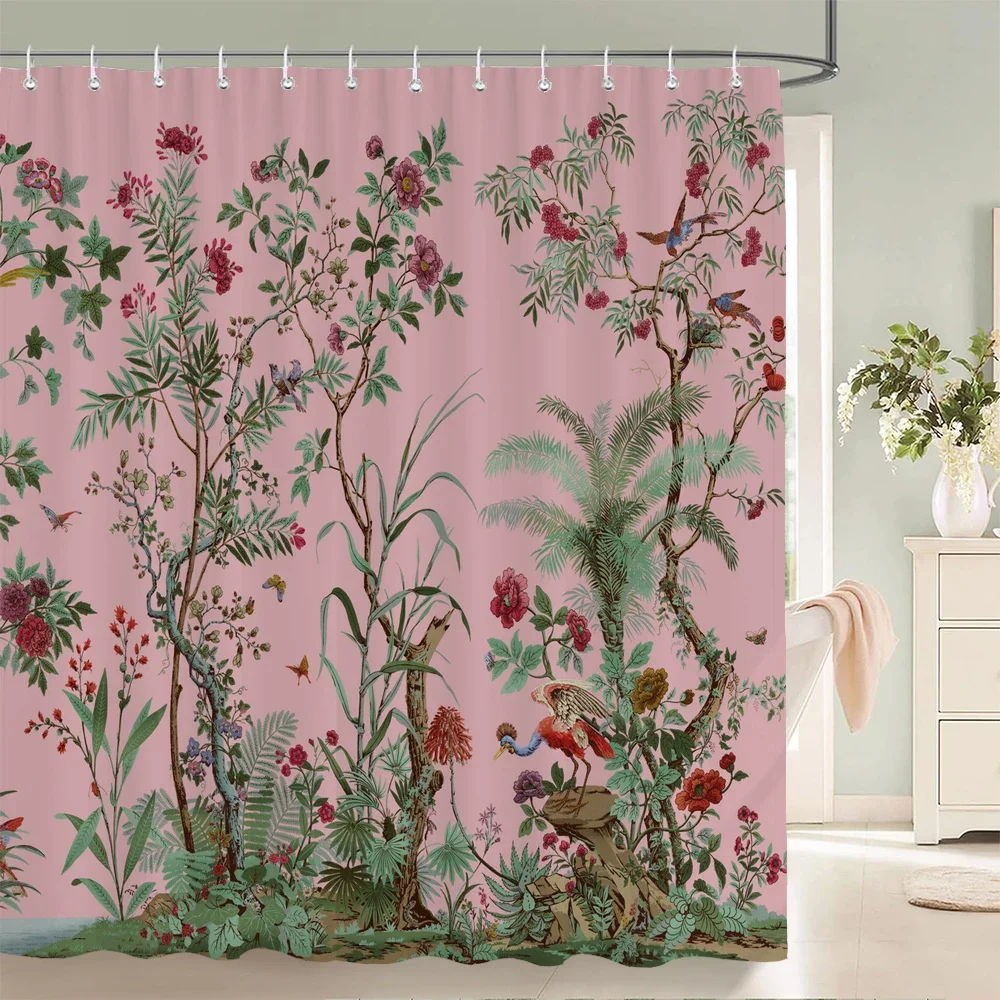 Flowers Birds Bath Curtain Waterproof Fabric Shower Curtains Floral Leaves Landscape Printing Bathroom Screen Home Decoration 3