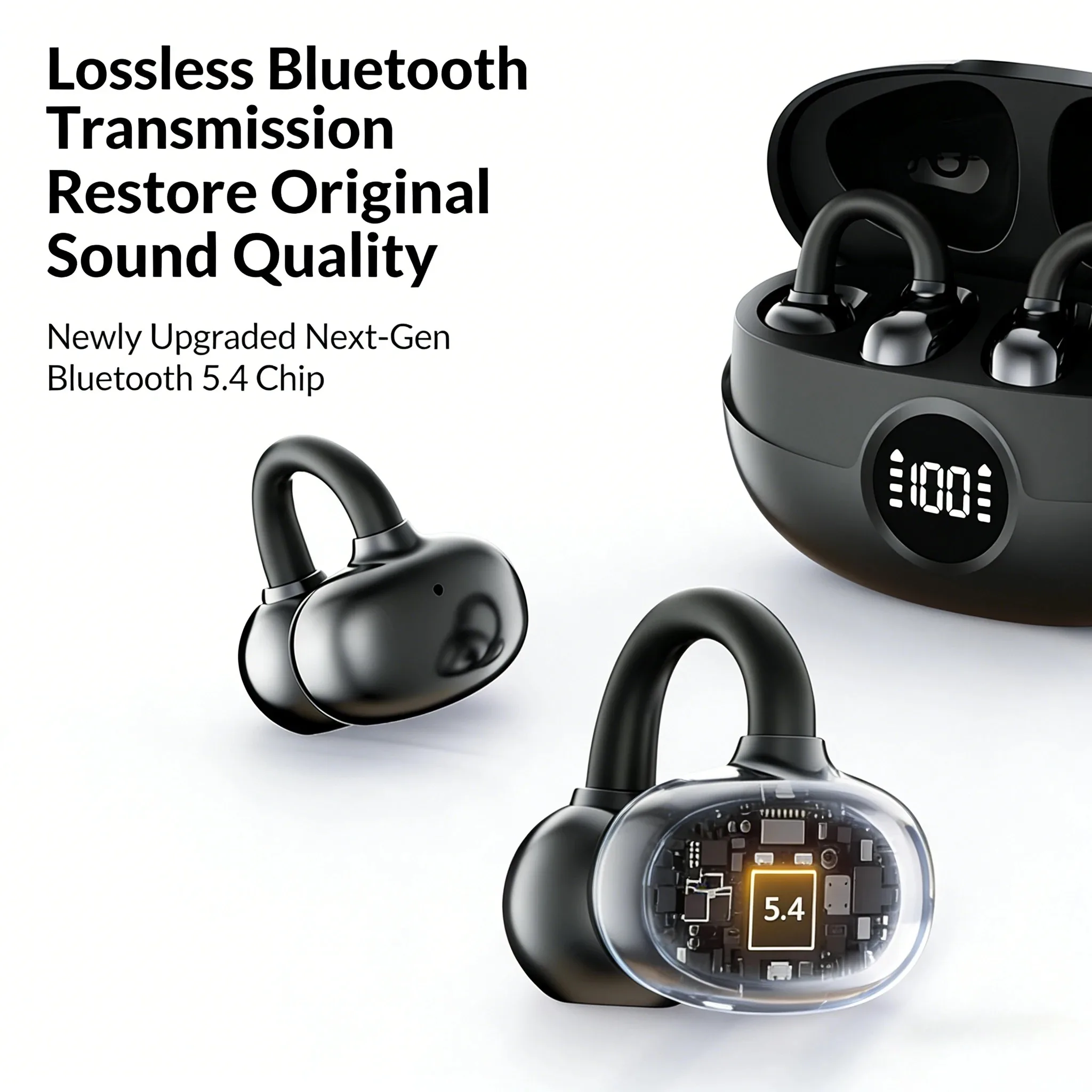 Écouteurs Bluetooth sans fil à clip avec indicateur de batterie numérique, son HiFi, réduction du bruit et longue autonomie. Microphone intégré._voghion.com