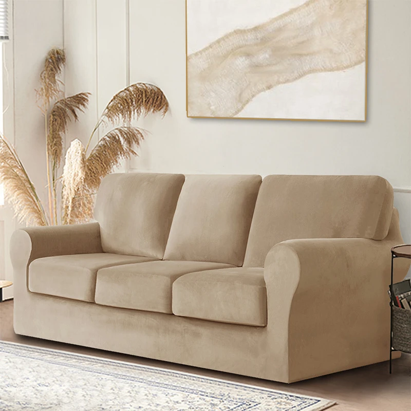 Elastic Silver Fox Velvet All-inclusive Sofa Cover, Solid Color European and American Split Velvet Sofa Hat Cover Set