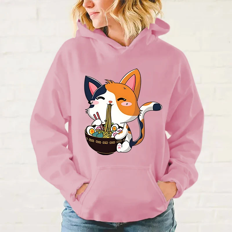 thumbnail image 1 of Sudadera con capucha y estampado de gato Ramen para mujer, moda de otoño, para deportes de ocio, 1 of 5