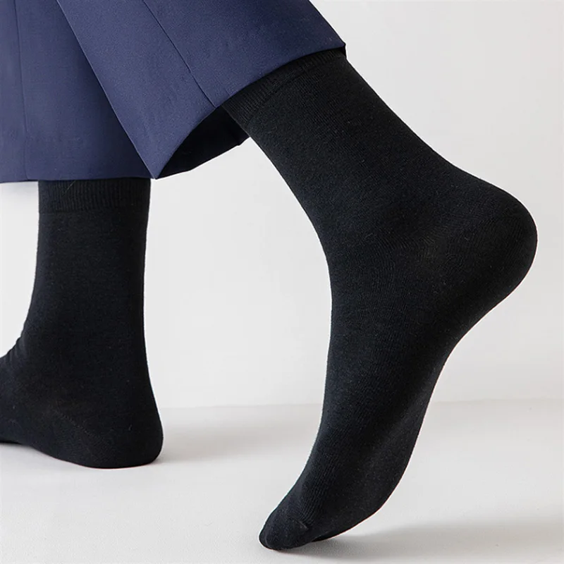 5PairsPureCottonSocksMensMediumLengthBlackBusinessSimpleMen