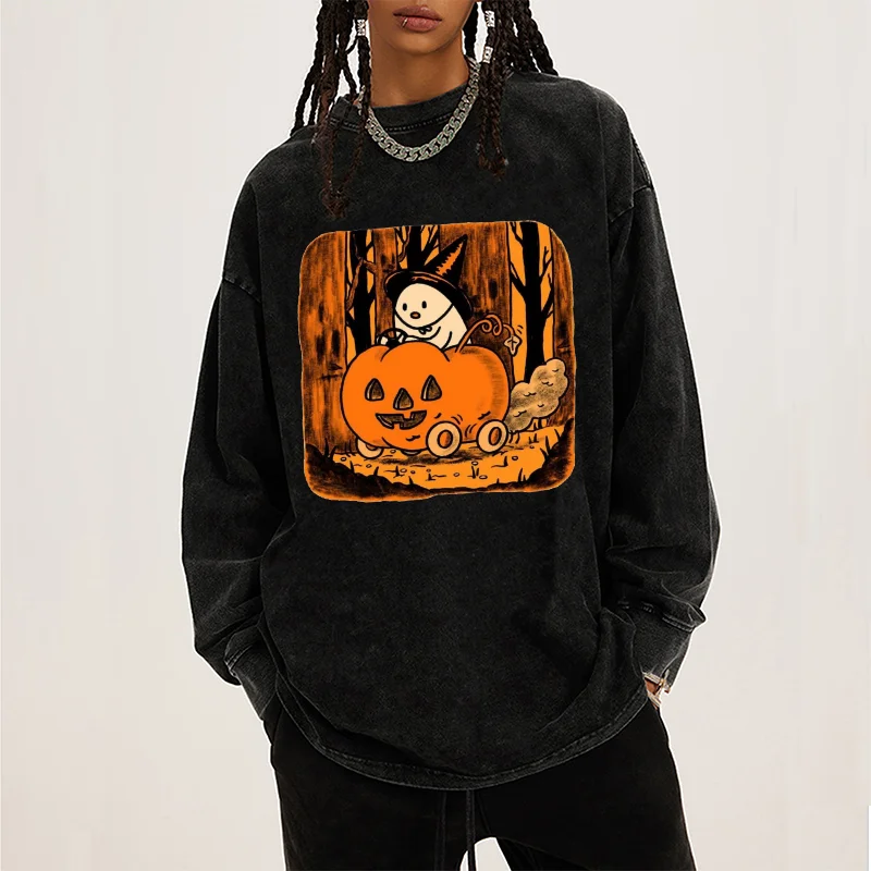 Leisure Sports Loose Hooded Sweatshirt Halloween Round Neck Long Sleeve Unisex Casual Washed Pullover