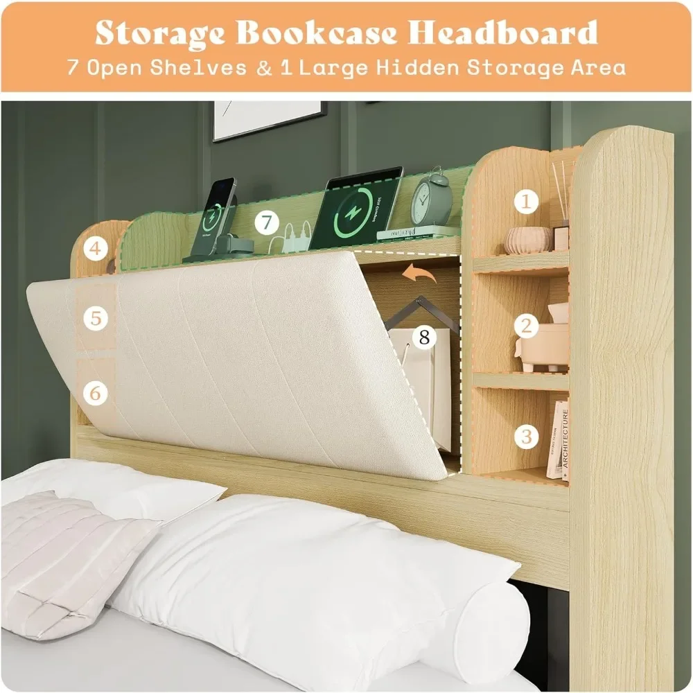 Bed Frame Full Size 4 Storage Drawers,Upholstered Bed Frame 47.2" Bookcase Headboard,Charging Station/No Box Spring Needed/Maple 5