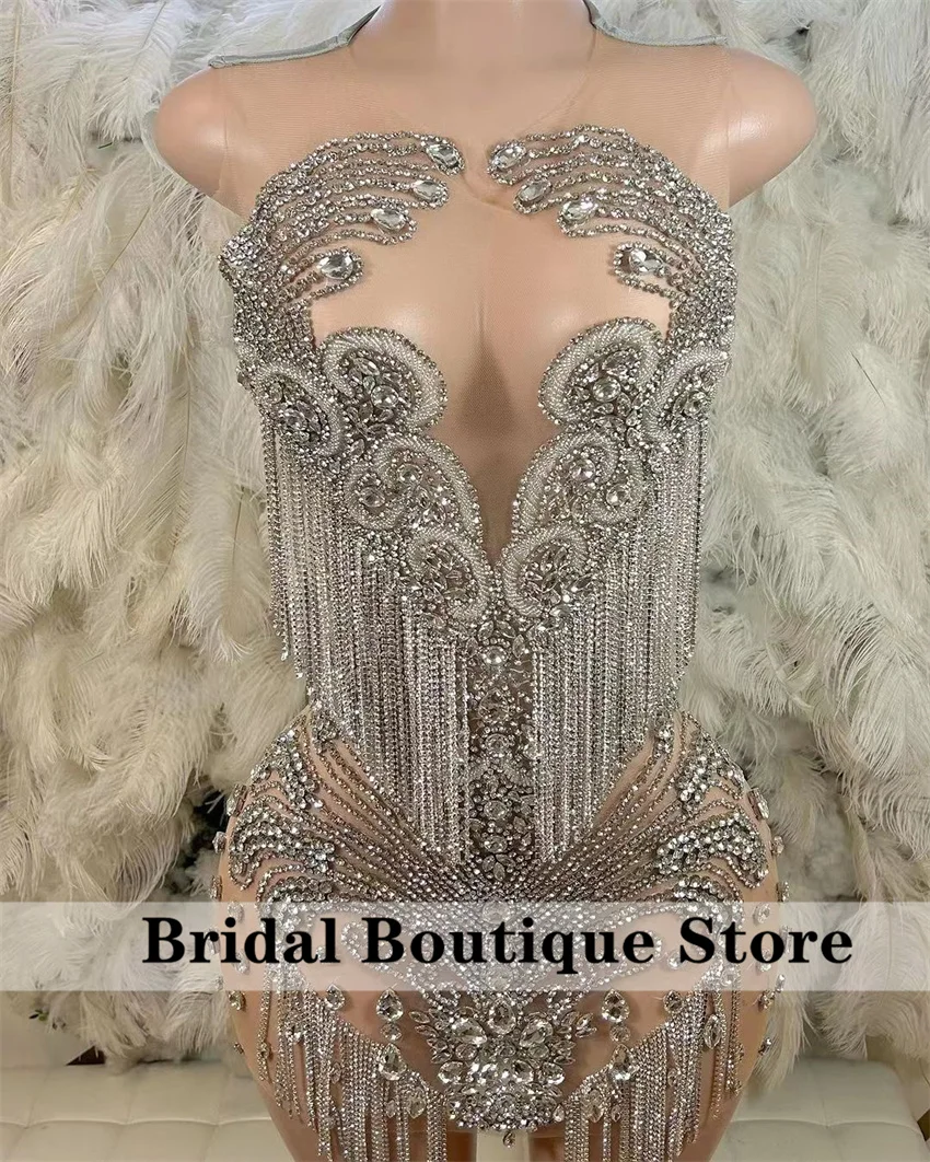 

Glitter Silver Diamonds Short Prom Dresses 2024 For Black Girls Sparkly Beads Rhinestone Crystal Tassels Senior Cocktail Party