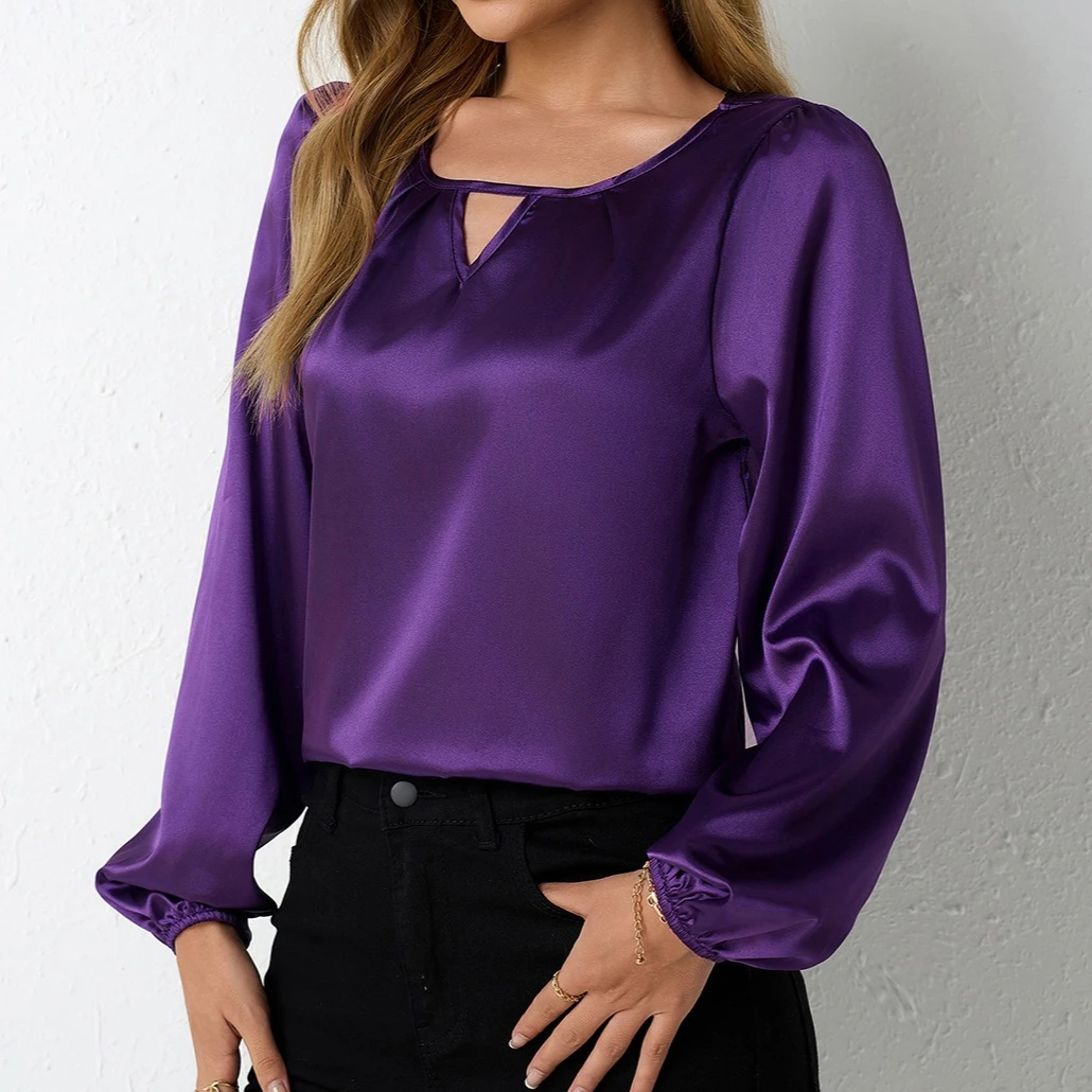 Women's Long Sleeve Solid Color Satin Shirt Sexy V-neck Casual Loose Summer Ladies Pullover Shirts Tops