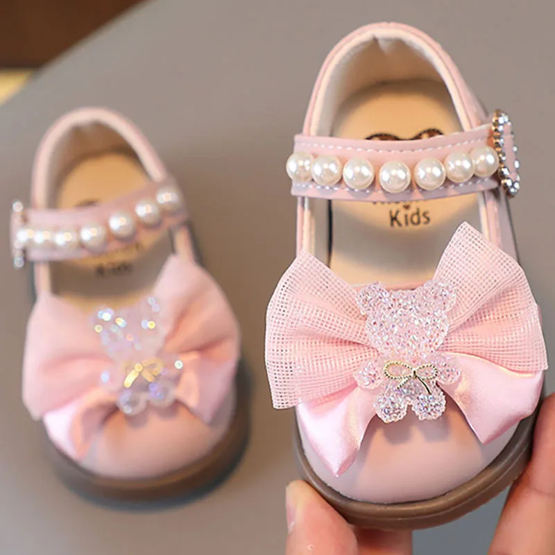 

Korean Style Princess Shoes For Baby Girls Butterfly Bow Pearl Leather Shoes Soft-soled First Step Toddler Shoes Baby Girls
