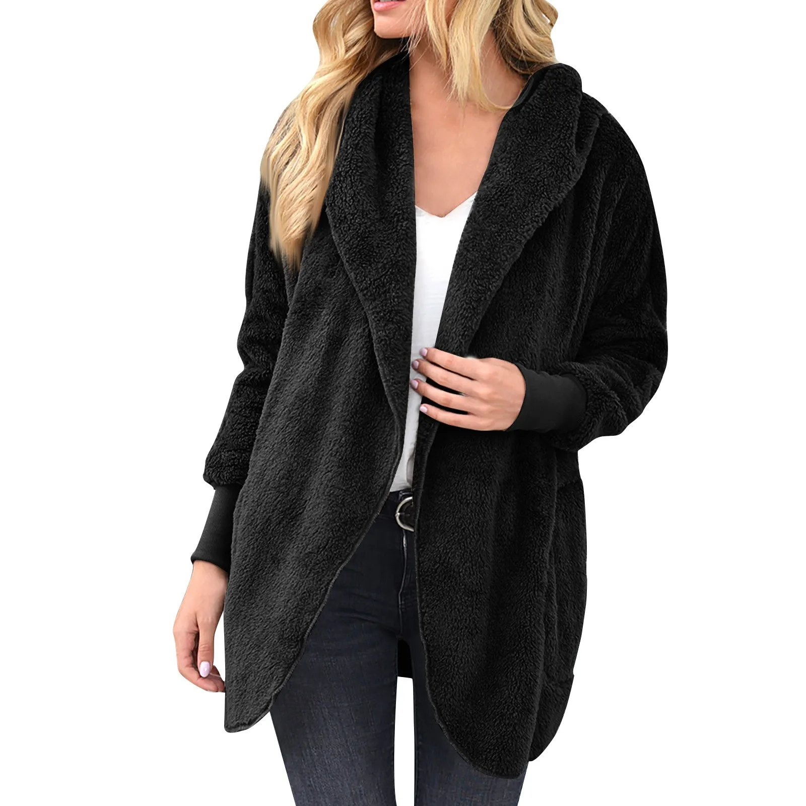 

Women'S Fashion Casual Solid Color With Pocket Long Sleeve Hooded Fleece Jacket Cardigan Hoodies Oversized Plush Jacket Coats