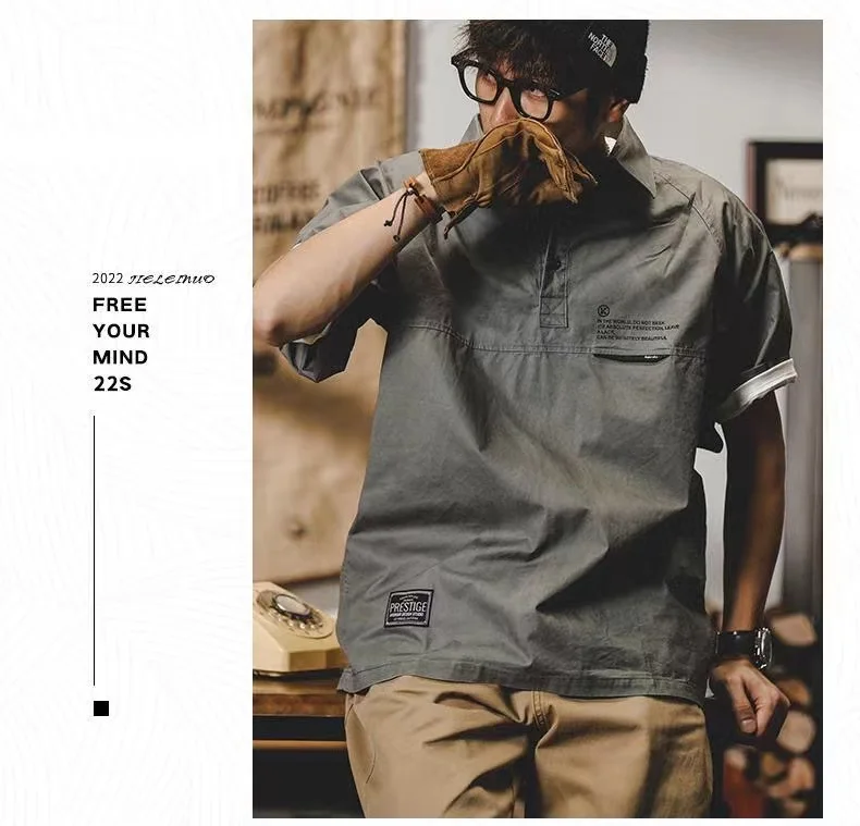 Men'S T-Shirt American Retro Loose Summer Short Sleeves 2022 New Work Shirt Collar Half Sleeve Clothes Printing Man