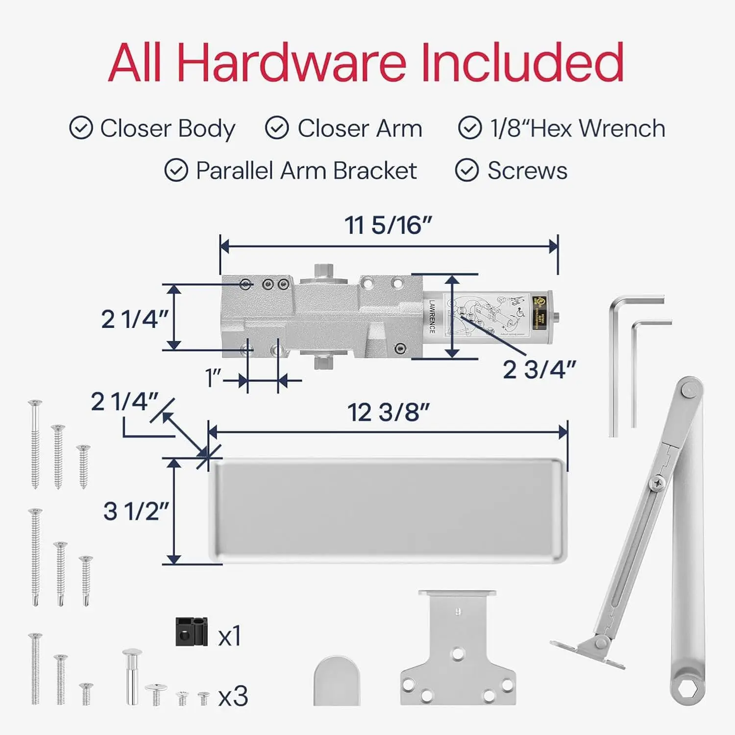 Commercial Grade Lawrence Door Closer - Heavy Duty, 6-Speed Adjustable, Delayed Action with 3 Pistons Flexibility