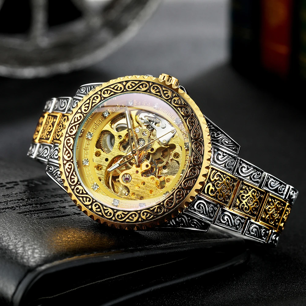 

Winner Watch Men Mechanical Watches Fashion Vintage Royal Engraved Watch Luxury Gold Skeleton Automatic Mechanical Wristwatches