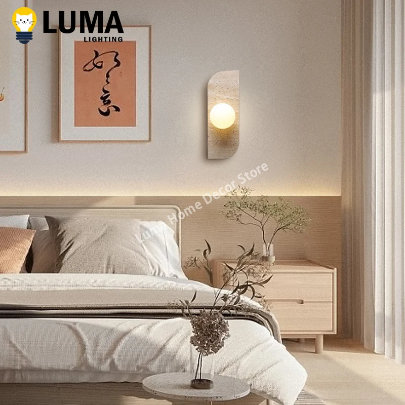 Luma Japanese Yellow Travertine Wall Light Glass Ball Caver Stone Wall Sconce Lamp For Bedside Livingroom Staircase Hallway