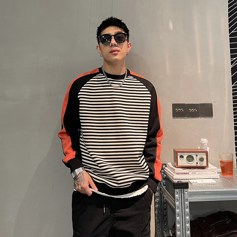Autumn Spring Casual O Neck Long Sleeve Men Sweatshirts Fashion Oversized Patchwork Hit Color Striped New Arrival Top Hot Sale