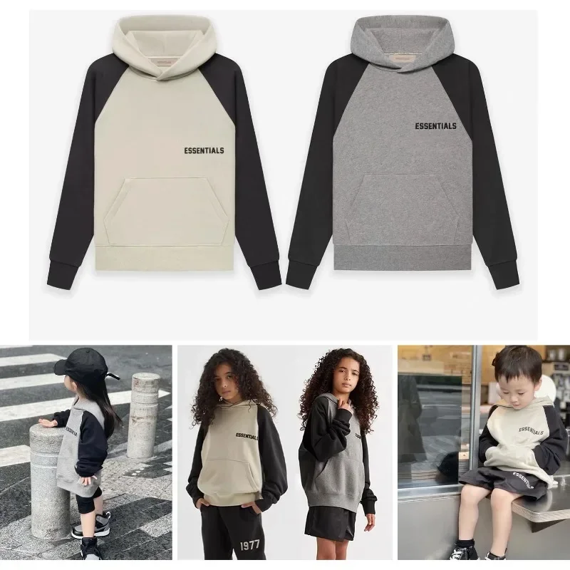 

ESSENTIALS New Double Thread Children's Plush Casual Color Matching Hooded Sweater High Street Girls' Hoodies Pullover Jacket