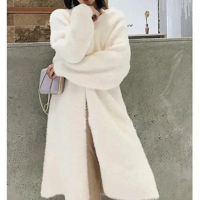white Long Cardigan for women winter clothes Knitted fluffy long sleeve Cashmere sweater coat clotkorean style warm vintage 3