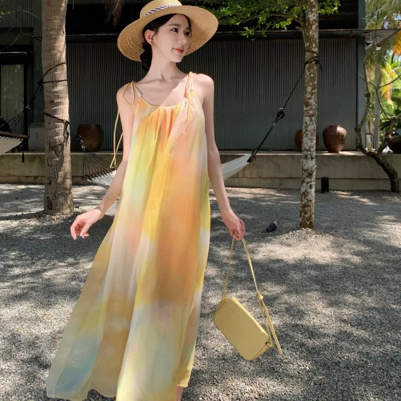 

Summer 2024 Women Long Lolita Sundress Sling Elegant French Fairy Dress New Honeymoon Vacation Party Night Sweet Tie dye Dresses