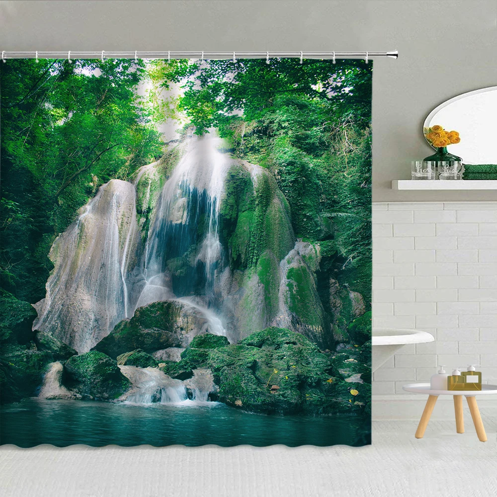 WaterfallShowerCurtainNatureLandscapeMountainForestPolyester