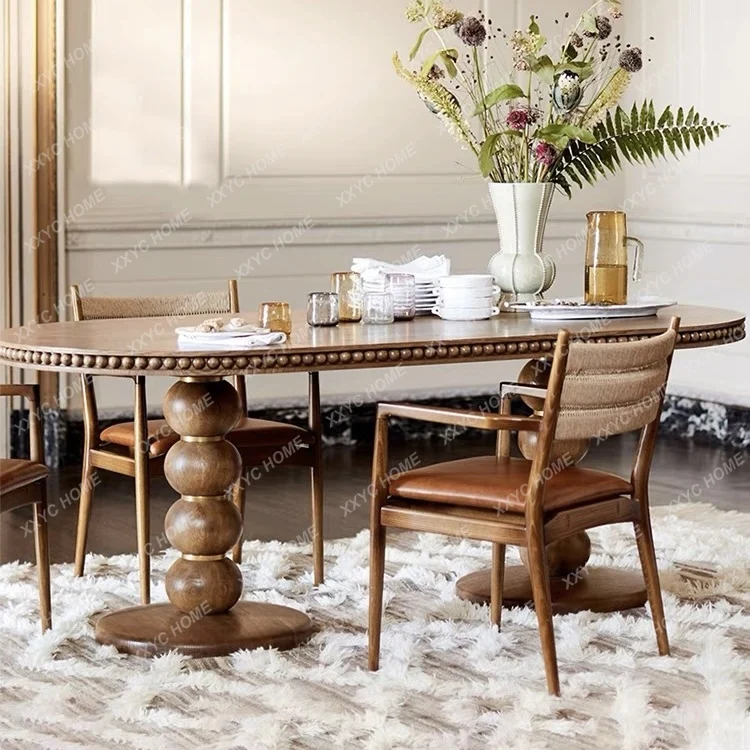 

Retro Solid Wood Dining Table American Simple Roman Column Living Room round Multi-Person Dining Table