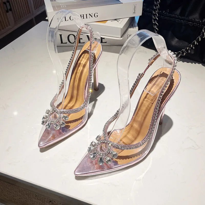 

New Summer Women's High Heels Transparent Pointed Toe High Heels Rhinestone Toe Toe Hollow Back Stiletto Sandals