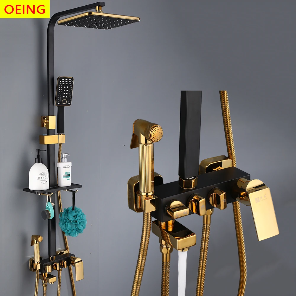 BlackGoldShowerFaucetSetRainfallHighQualityBathroomMixerTap