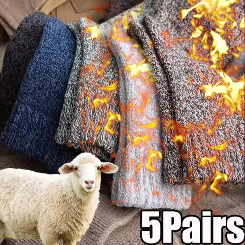 Winter Socks 5 Pairs Men&rsquo;s Women Warm Super Thicker Solid Merino Wool Against Cold Snow Terry