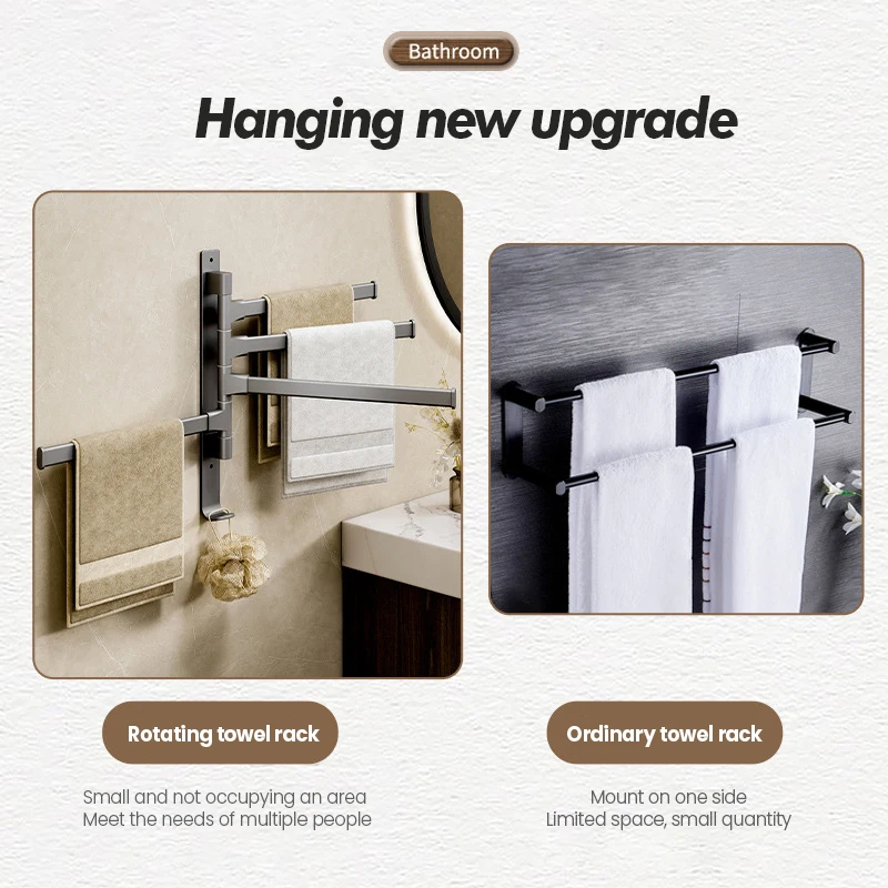 Bathroom Rotating Towel Bar Wall Mounted Non Perforated Iron Towel Storage Rack Household Bathroom Storage Products towel rack
