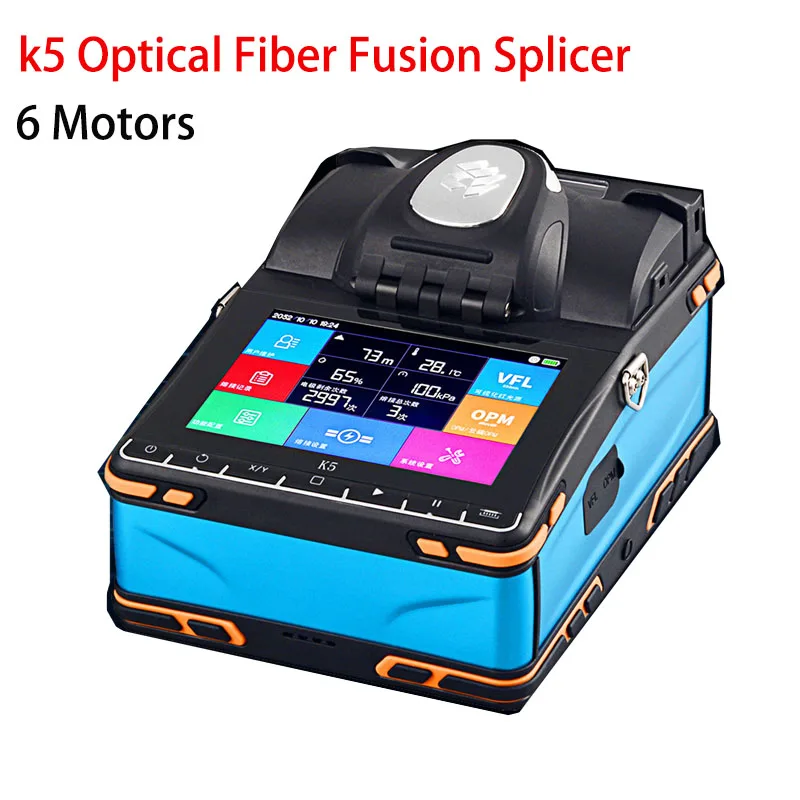 

K5 Fiber Fusion Splicer 6 Motor Fiber Optic Splicing Machine with VFL OPM Available in Spanish French Portuguese Russian English