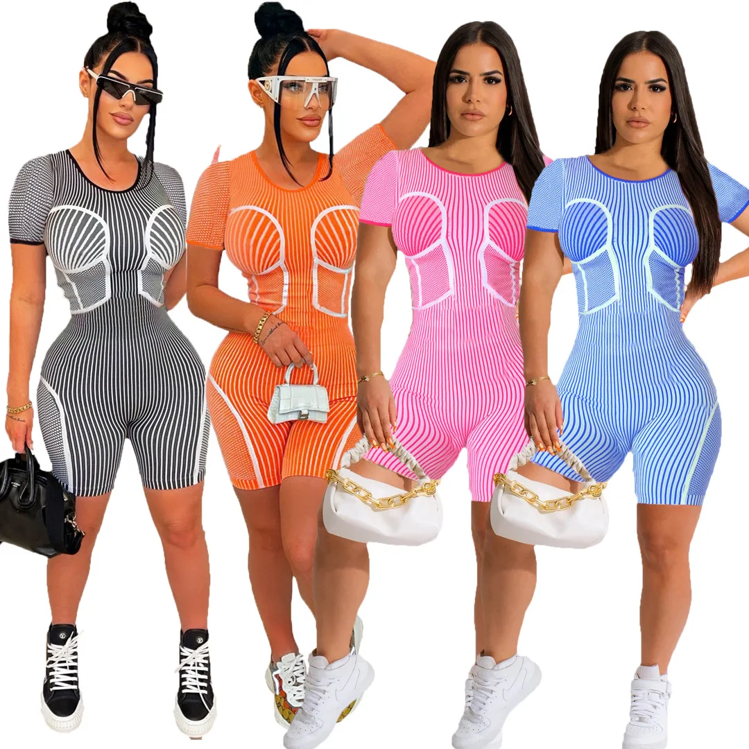 

Casual Sport Striped Print Playsuit Romper Women Summer Sexy O Neck Skinny Club Biker Shorts Jumpsuit One-piece Streetwear