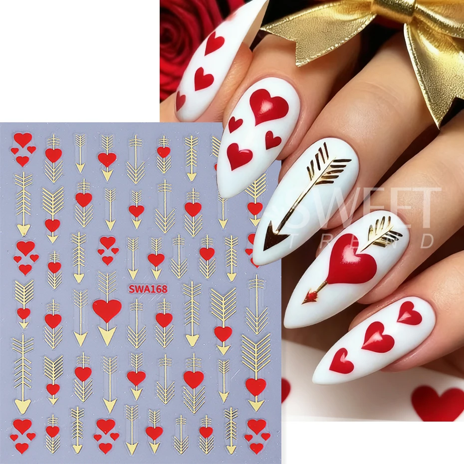 3pcs Valentine's Nail Stickers Red Love Heart Glitter Bronzing Line Self-adhesive Nail Decals Bohemian Style Manicure Decoration