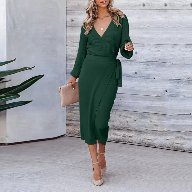 Wrap V Neck Long Sleeve Sweater Dresses For Women Autumn Winter Elegant Commute Tie Waist Bodycon Knit Midi Dress Party Vestidos 4