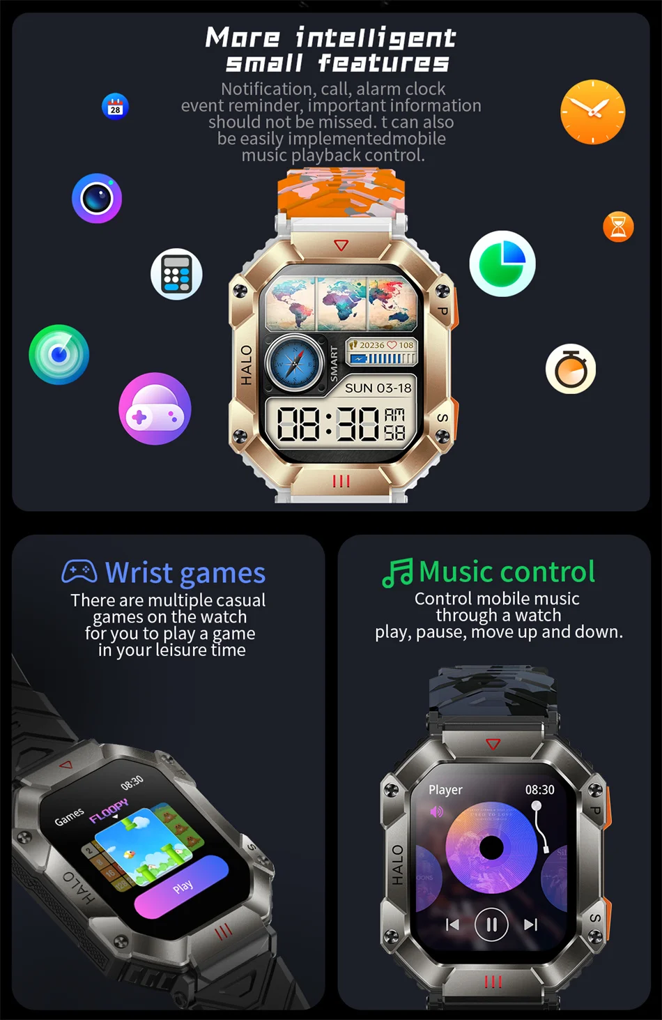GPS Military Outdoor Smart Watch 2.0 inch 650 mAh Large Battery Watch GPS Motion Track Compass Bluetooth Call Smartwatch_voghion.com