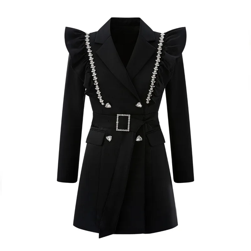 Black Ruffled Rhinestone Strip Suit Jacket for Women 2023 Spring and Autumn New High Waist Slim-fit Elegant Office Lady Coats