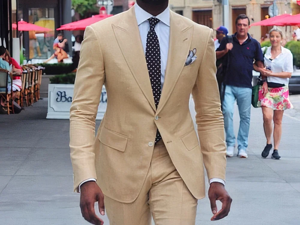 Khaki Summer Linen High Street Men Suits Casual Peak Lapel Slim Fit Blazers Hombre High Quality Custom 2 Piece Set Costume Homme