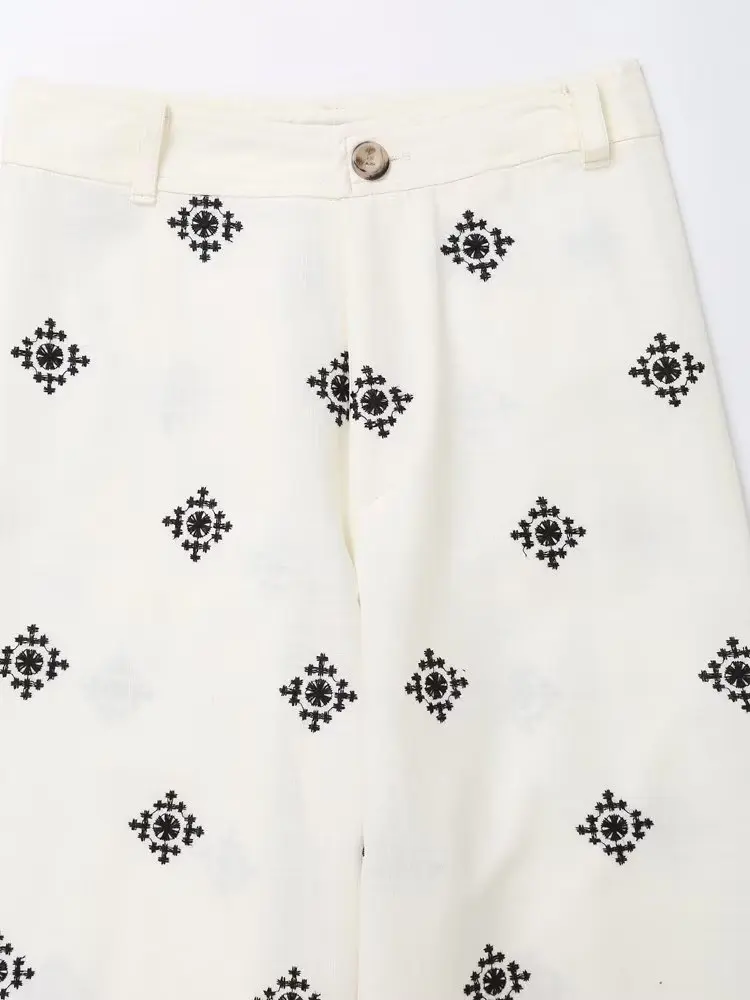 Vintage Embroidery Casual Linen Wide Leg Pants