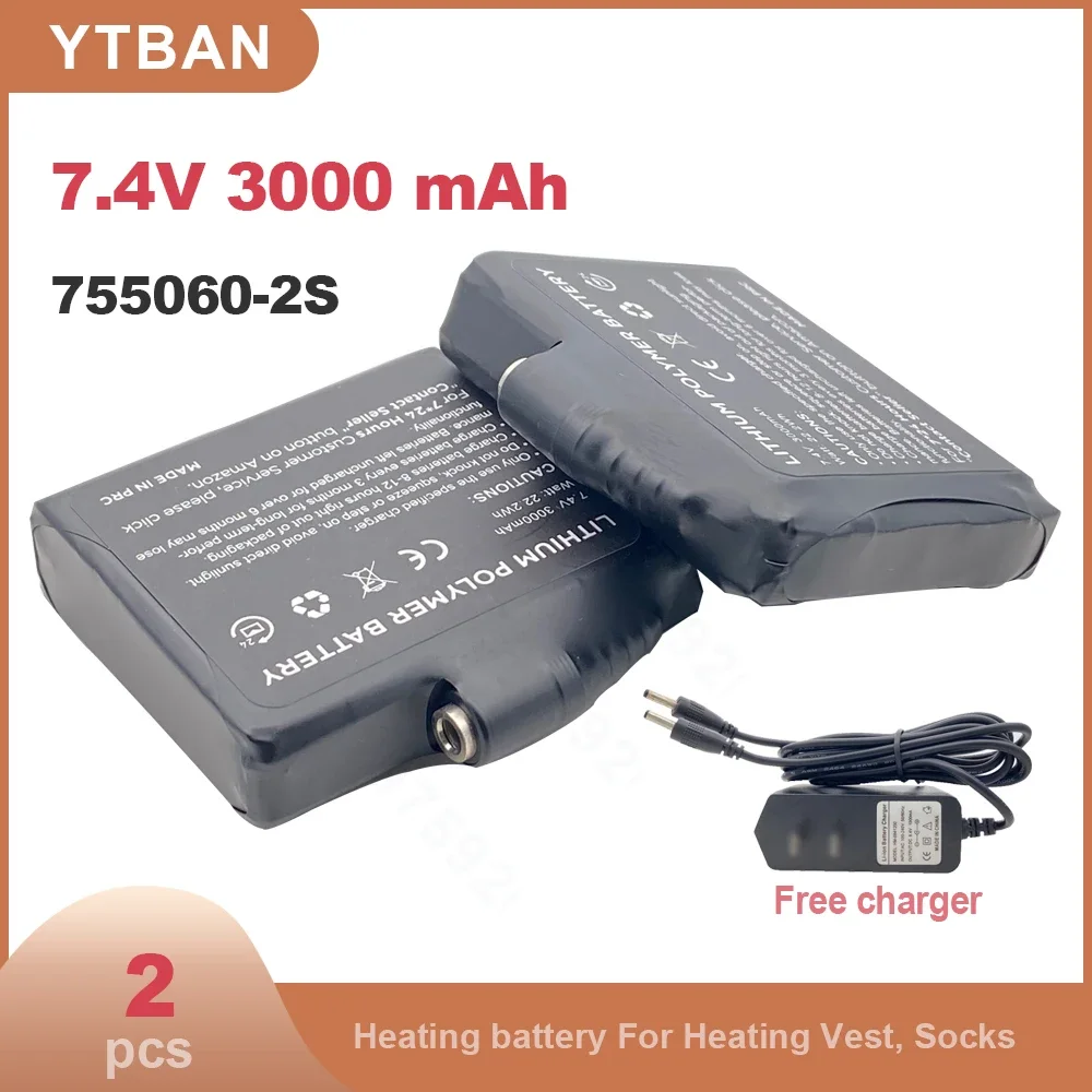 Luvas Aquecidas Bateria 7550602s Polímero de Lítio 7.4v 3000mah Colete de Aquecimento Meias de Aquecimento Carregador Livre Unidades