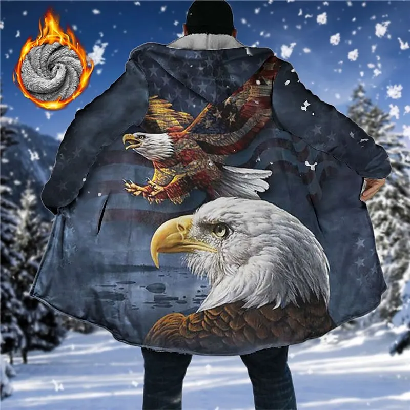 

Winter Fleece Coat Jackets New Outerwear Sweatshirts Zip Up Hoodies USA Flag Eagle Tribal Graphics Parka Overcoat Clothing