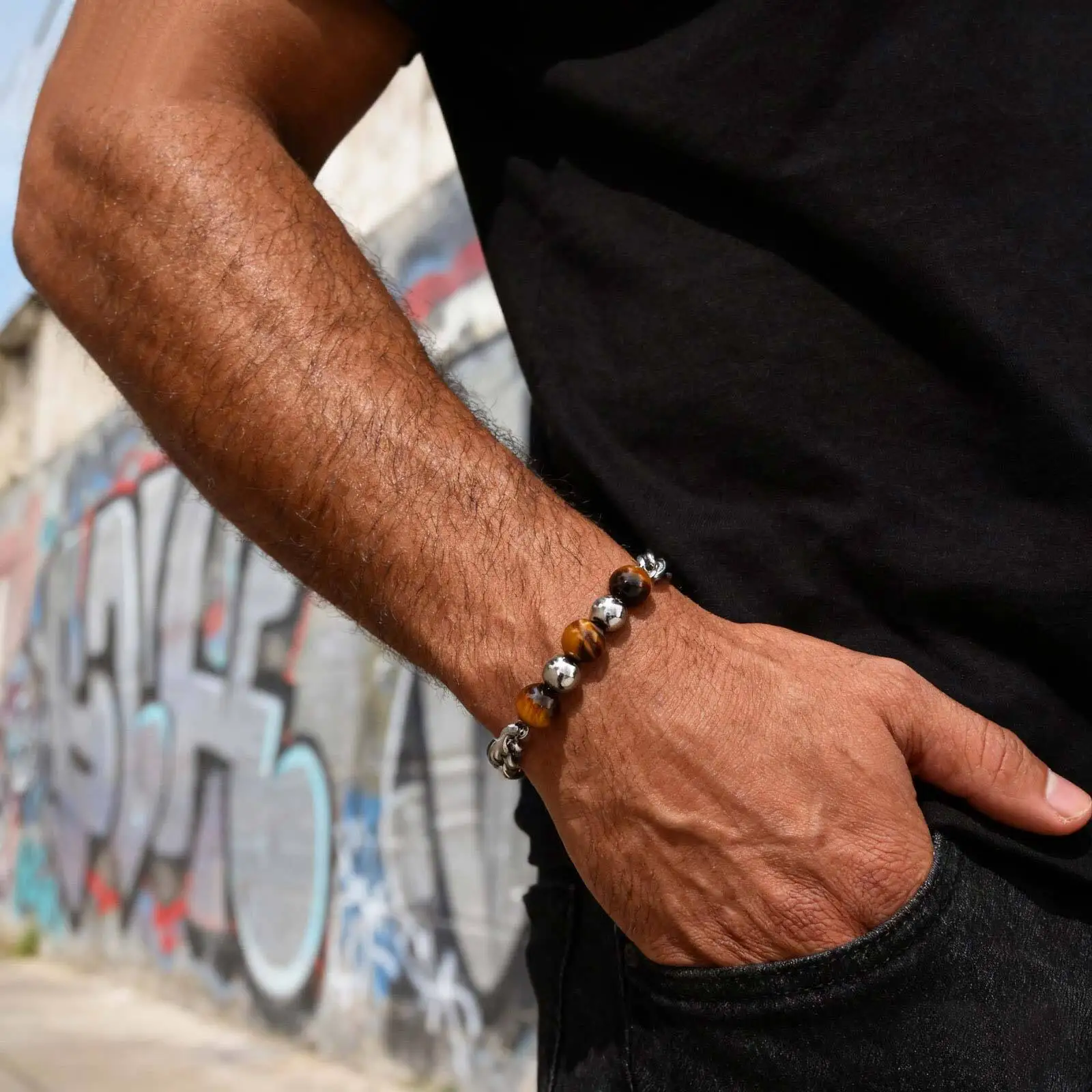 Stainless Steel Men's Beaded Bracelet,Double-layer Natural Tiger Eye Stone Bracelet,Simple Classic Jewelry Gift