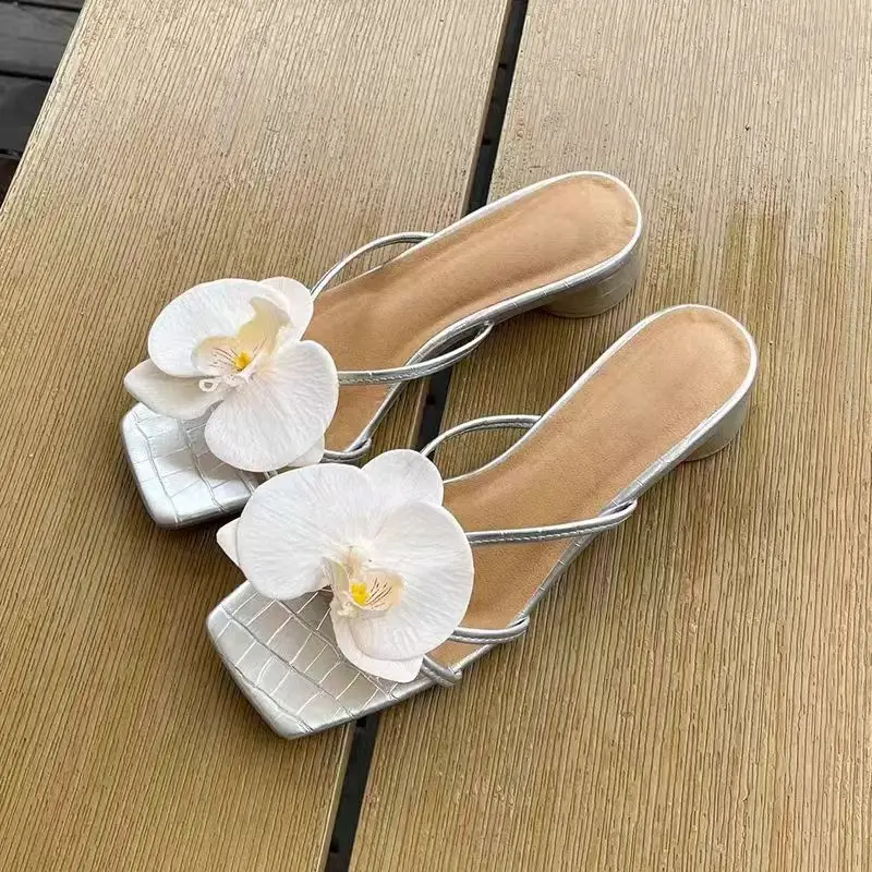 Brand Shoes Female 2025 Summer New Elegant Flowers Design Women's Slippers Casual Fashionable Outer Wear High Heel Slides Women — view 6