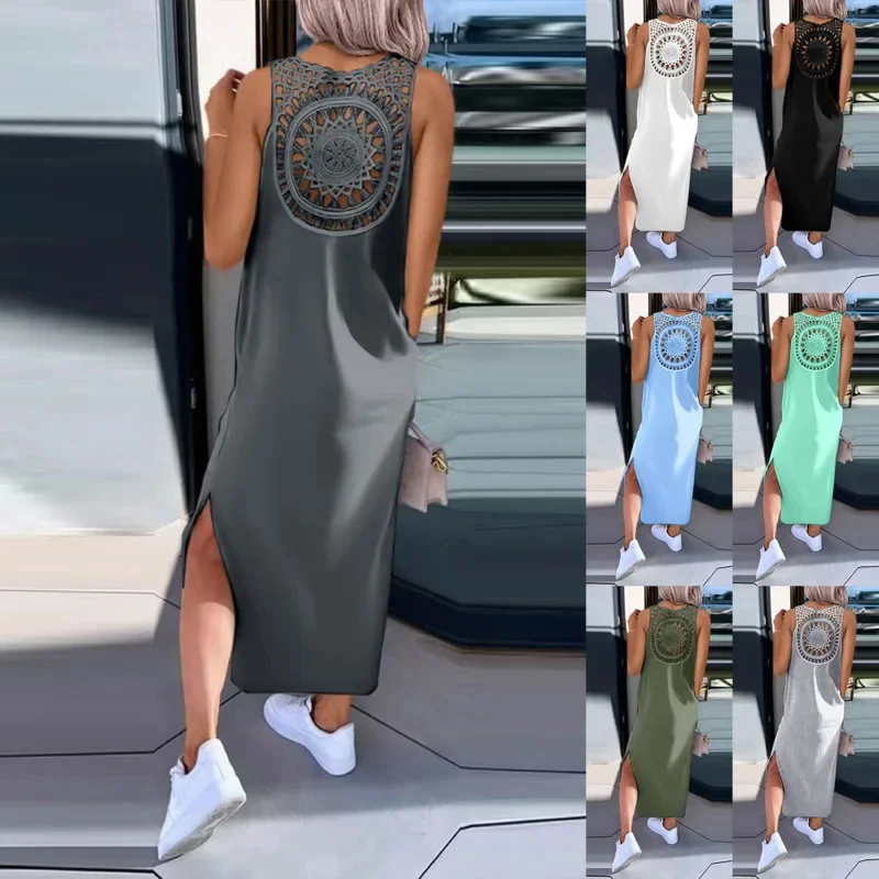 

Hollow Lace Back Dresses Loose Fit O-Neck Solid A-LINE Skirt Fashion Sweetwear Style Sexy Off Shoulder Mid Waist Pullover Dress
