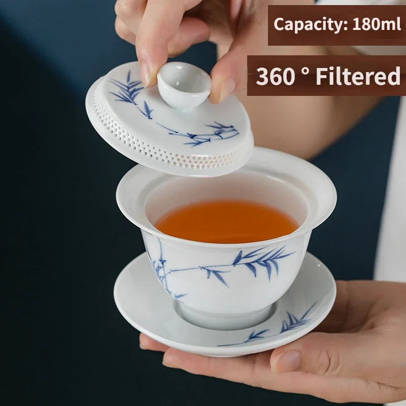 Chinese Kung Fu Teaware 360 &deg; Filtered Tea Bowl Sheep Fat Jade White Porcelain Gaiwan Anti Scalding Design Ceramic Tea Cup Set tea set