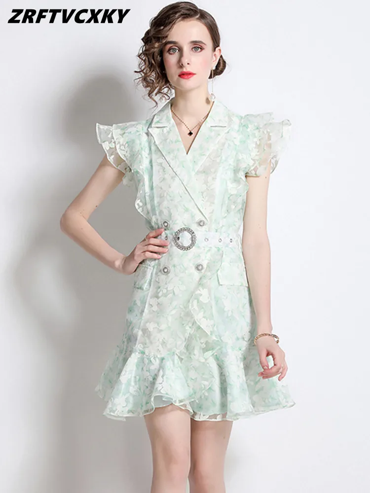 

New Fashion Green Organza Mini Dresses For Women Runway Lapel Collar Printing Office Ruffle Irregular Party Dress Vestidos
