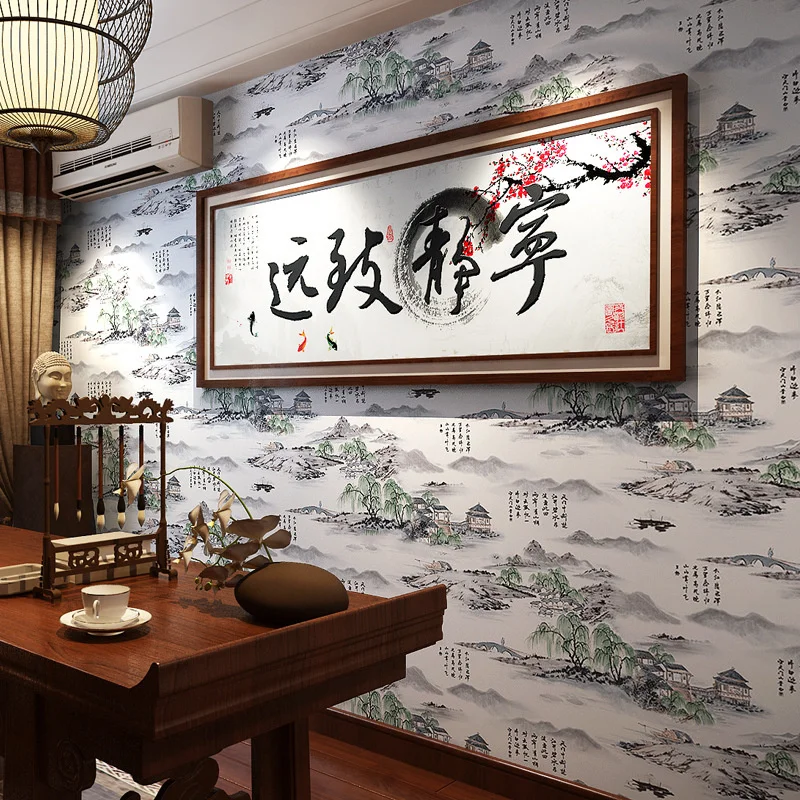 Chinese landscape wallpaper living room study teahouse background Restaurant Hotel porch Chinese style ink classical wallpaper