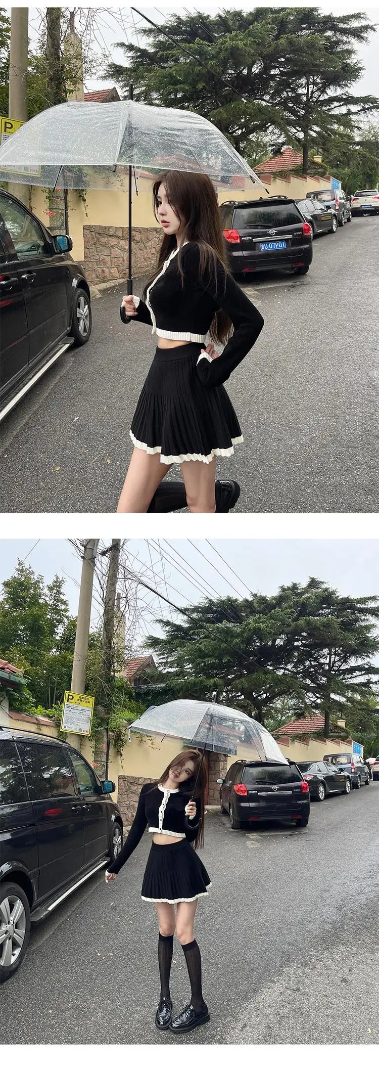 Sweet Knitted 2 Piece Set Women Long Sleeve Single Breasted Cropped Top Pleated Mini Skirt Autumn Spring Kawaii Fashion Outfits
