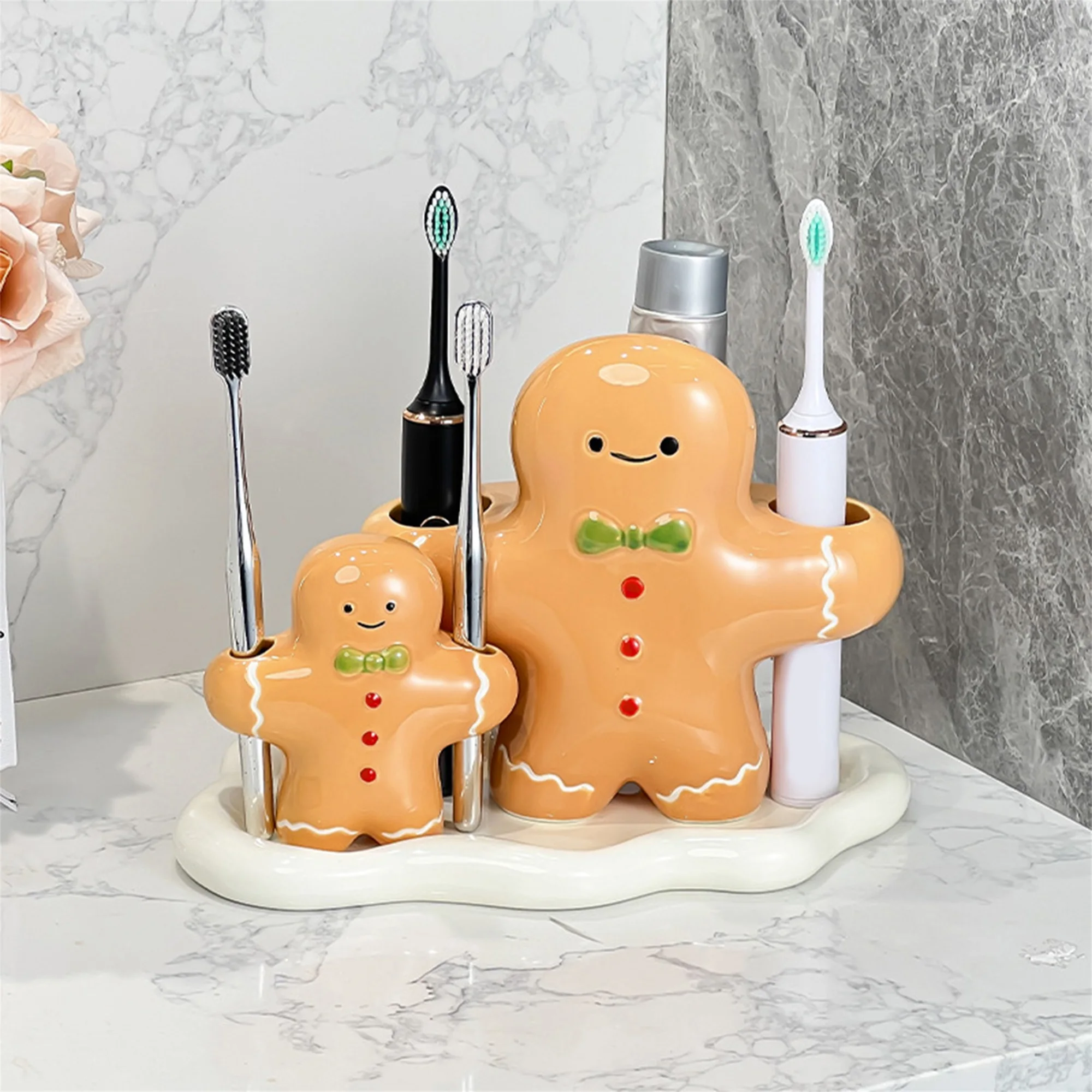 Cute Toothbrush Holder with 2 3 Holes Ceramic Gingerbread Man Toothbrush Stand for Family Couple