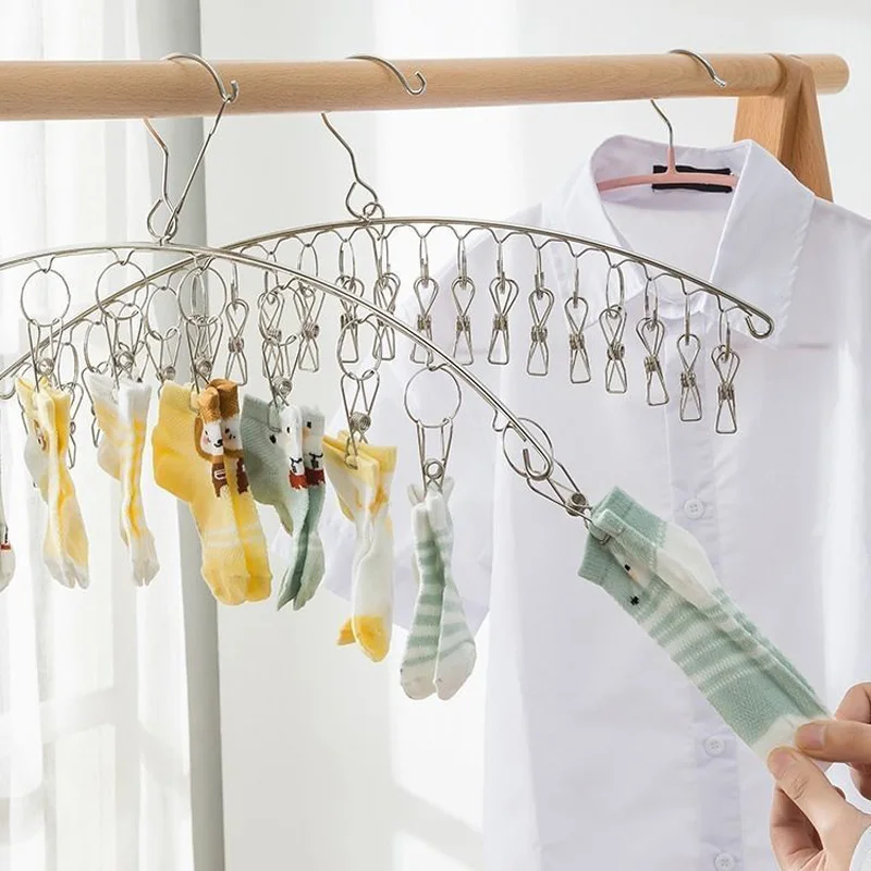 Kleiderbügel aus Edelstahl zum Trocknen von Kleidung, winddicht, Kleiderständer mit 20 Clips, Wäscheständer für Socken, Unterwäsche, Socken, Halter, Kleiderbügel_voghion.com