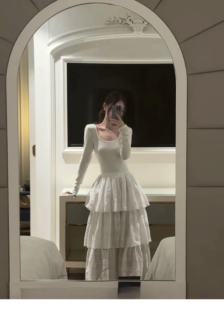 Autumn New Cake Midi Dresses for Women Solid Long Sleeve U-neck Backless A-line Korean Fashion Casual One Piece Vestidos Mujer