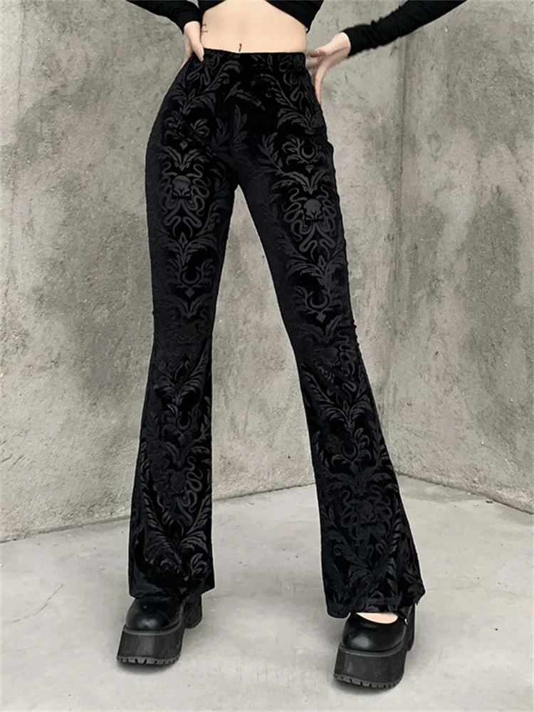 

QWEEK Harajuku Gothic Suede Flare Pants Women Y2K Vintage Streetwear Trousers Hippie Punk Emo Aesthetic High Waist Bell Bottoms