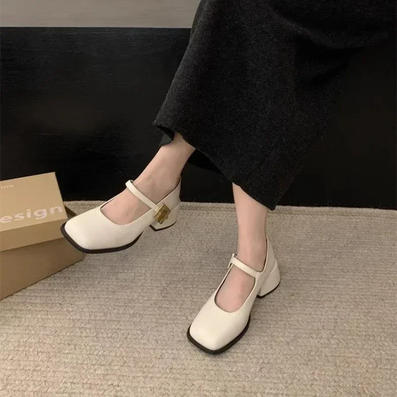 New Women Fashion Square Toe Close Toe Ankel Strap Mules Ladies Elegant Mary Jane Ballet Shoes Mid Heel Dress Pumps 2025